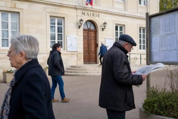 Devant une mairie de petite ville française, des passants anonymes regardent un panneau d’affichage flou en plein jour.