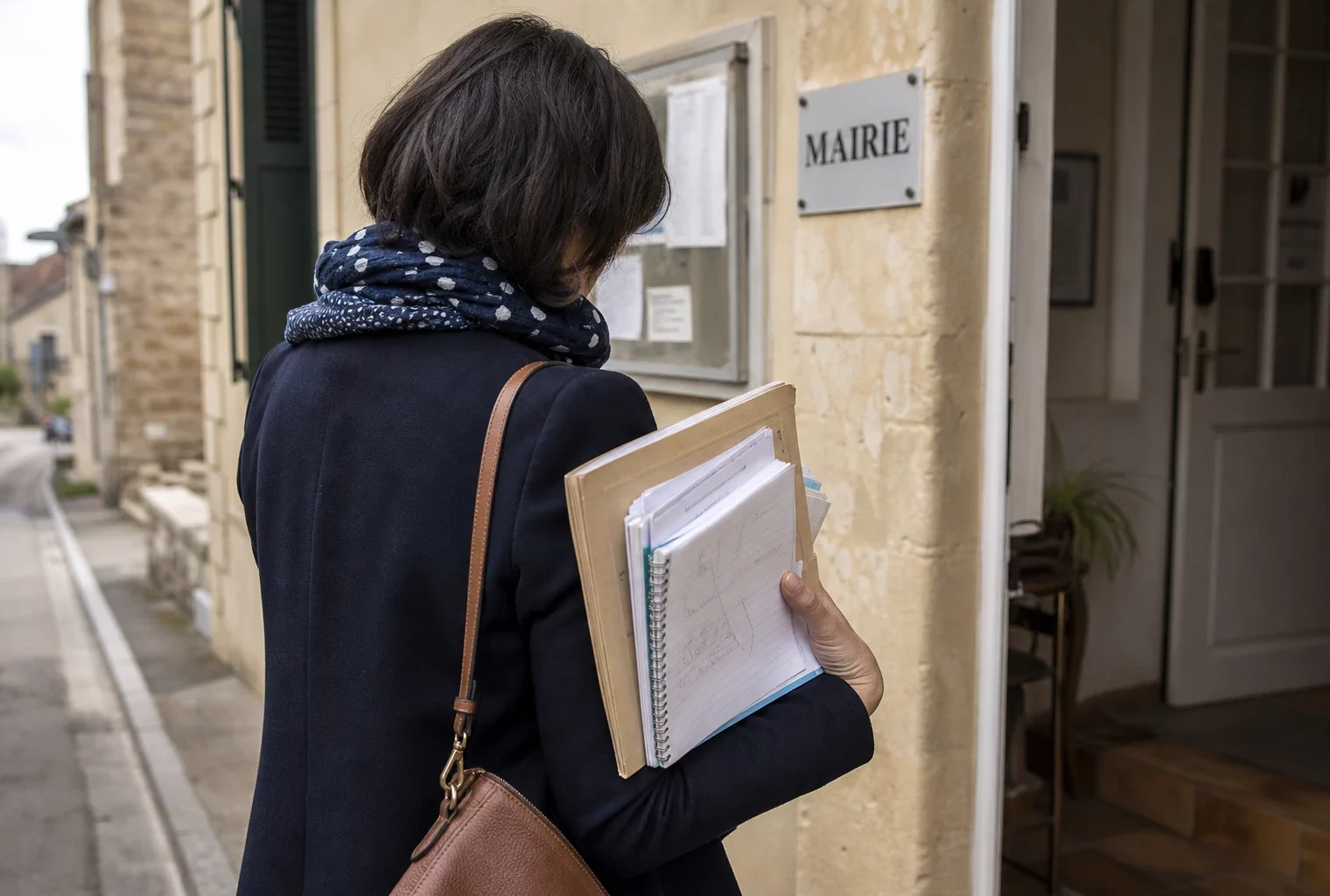 Un élu local anonyme tient un dossier devant une mairie, dans une scène de photojournalisme naturel et lumineuse.