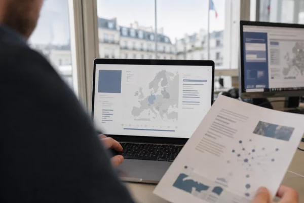 Vue d’ordinateur en rédaction, avec document flou et interface abstraite, sur fond de travail journalistique lumineux.