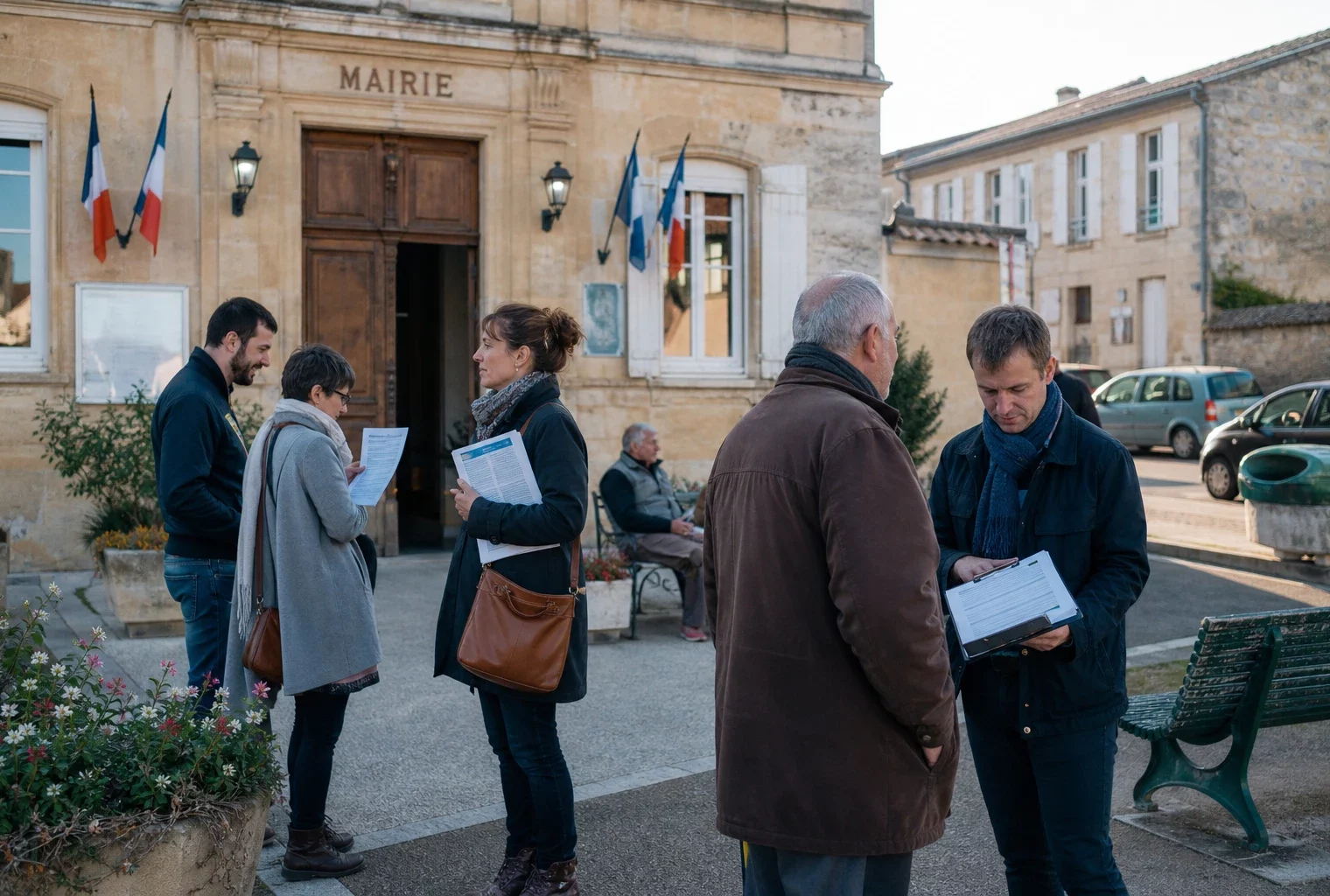 Des citoyens discutent devant la mairie avec des bénévoles locaux, dans une scène politique de proximité sous une lumière claire.
