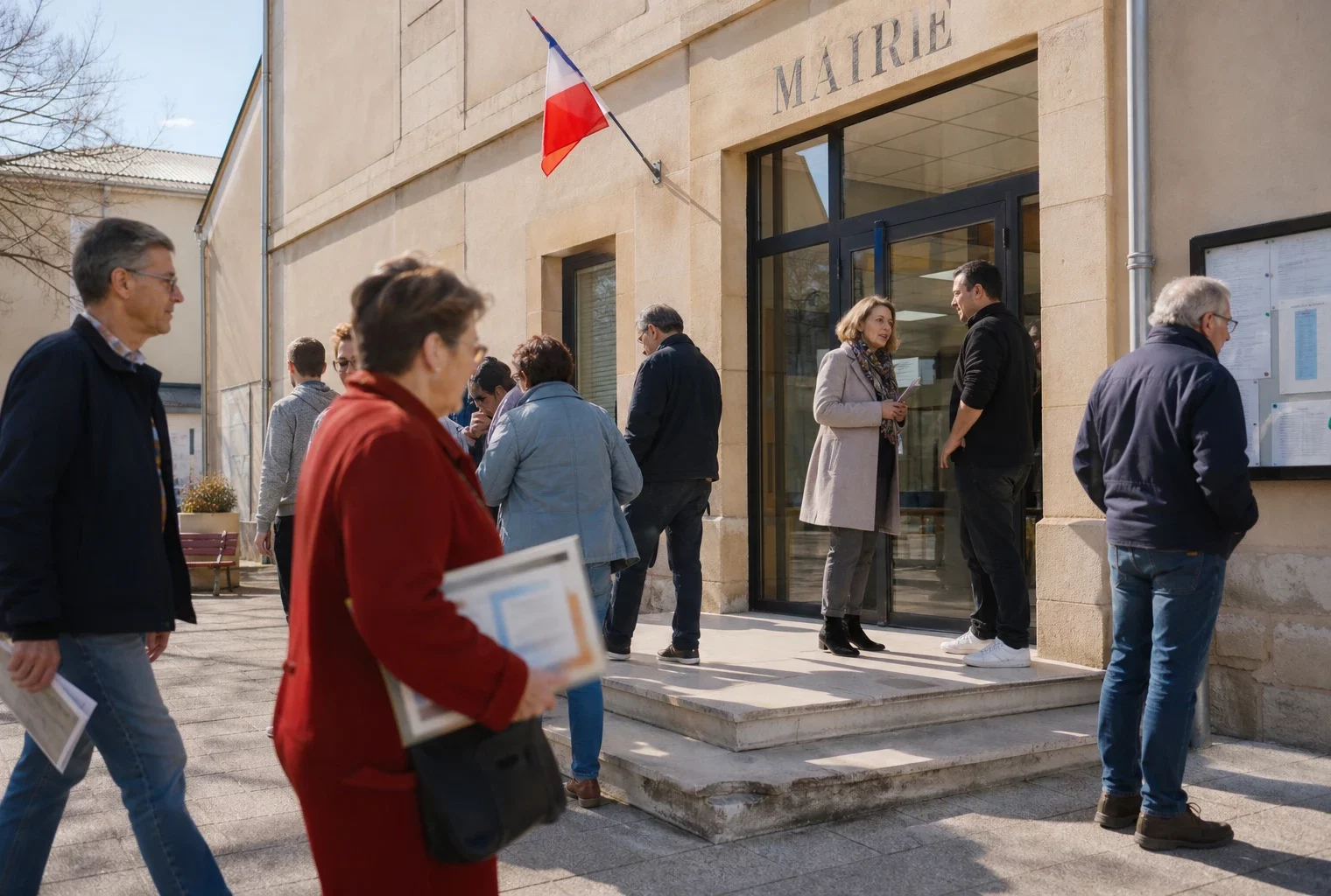 Des passants et des militants anonymes devant la mairie, dans une scène politique locale calme et lumineuse.