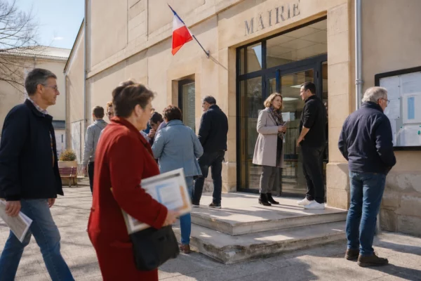 Des passants et des militants anonymes devant la mairie, dans une scène politique locale calme et lumineuse.