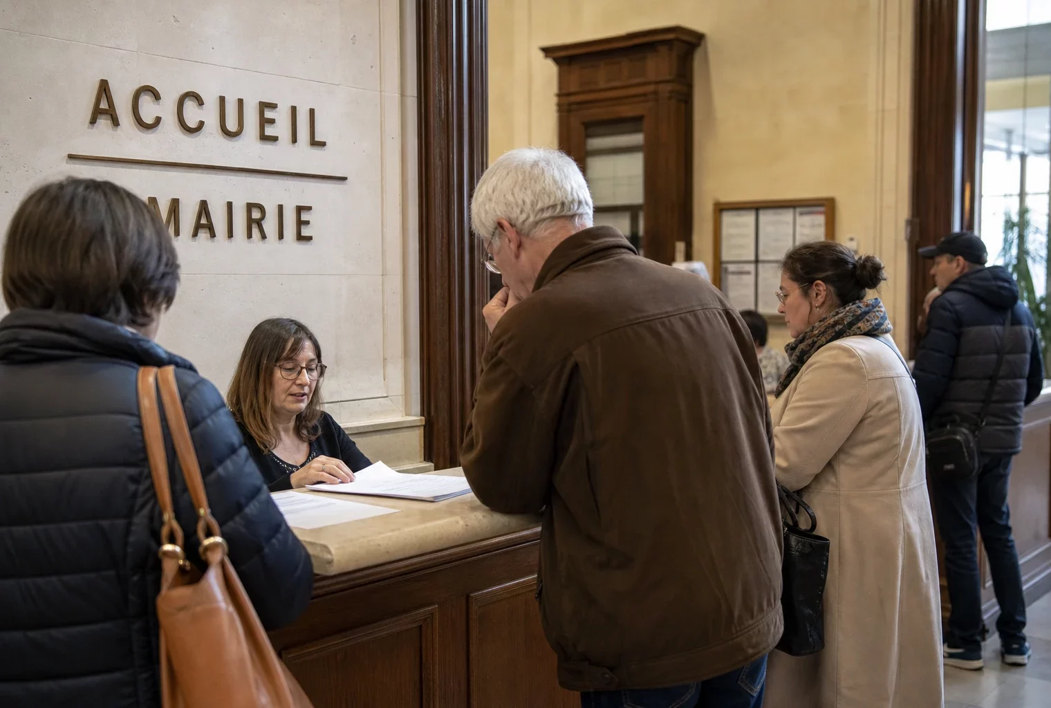 Des citoyens anonymes attendent dans le hall lumineux d’une mairie, scène de vie civique française.