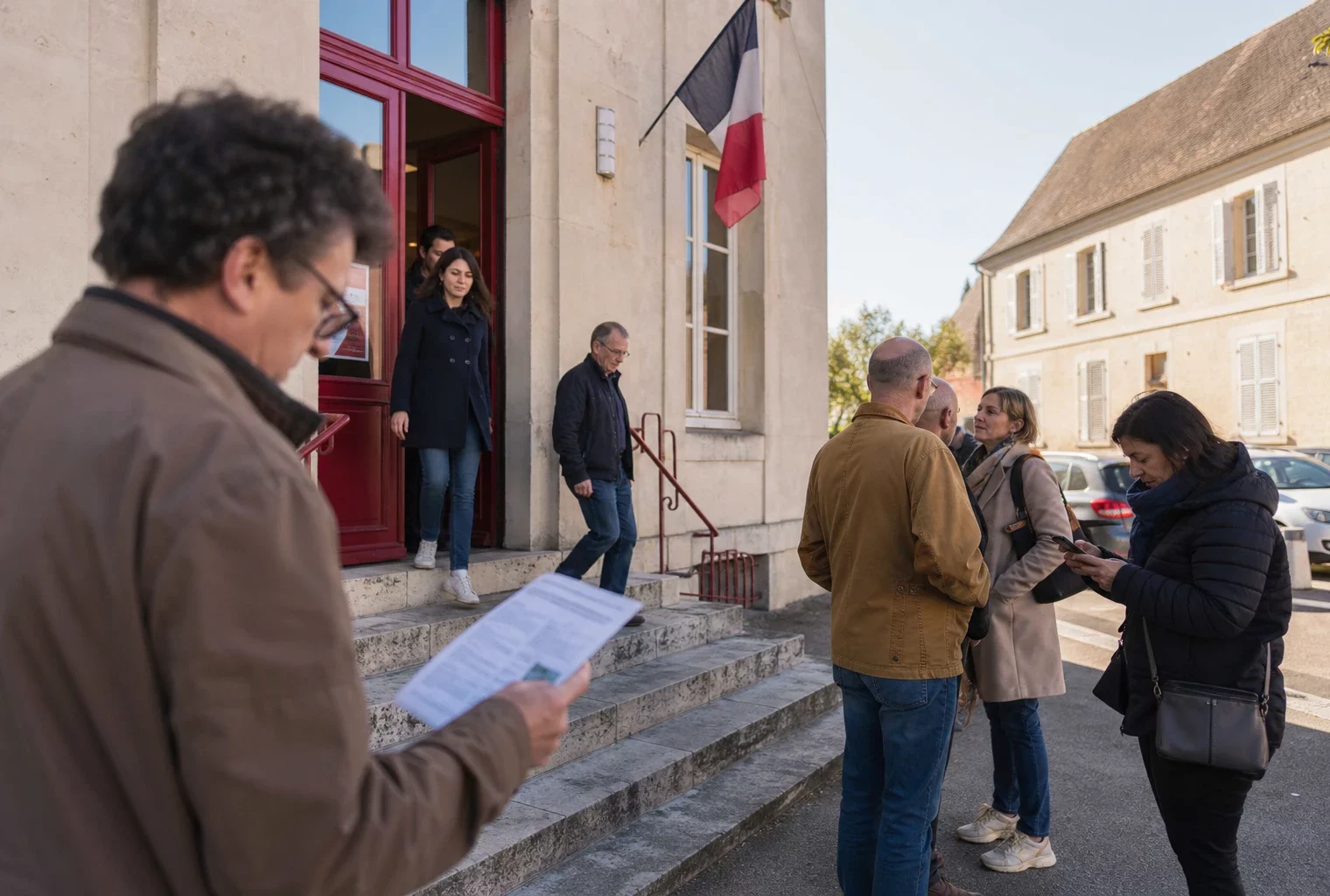 Des militants anonymes quittent une réunion locale devant une mairie de ville moyenne, dans une scène de reportage politique.