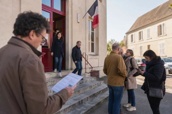 Des militants anonymes quittent une réunion locale devant une mairie de ville moyenne, dans une scène de reportage politique.