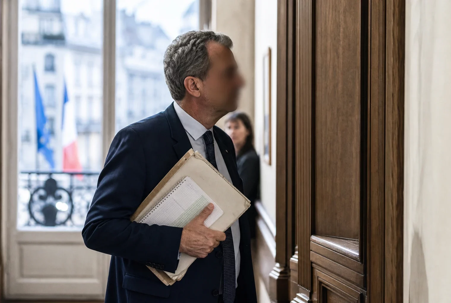 Élu local anonyme dans un couloir de mairie, dossier à la main, en lumière naturelle et ambiance de réunion politique.