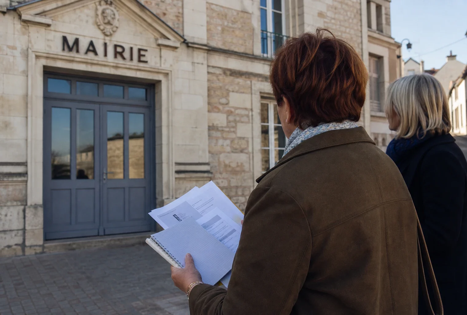 Élu local de dos devant une mairie française, carnet en main, dans une rue calme et lumineuse.