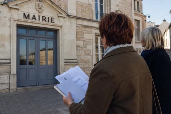 Élu local de dos devant une mairie française, carnet en main, dans une rue calme et lumineuse.