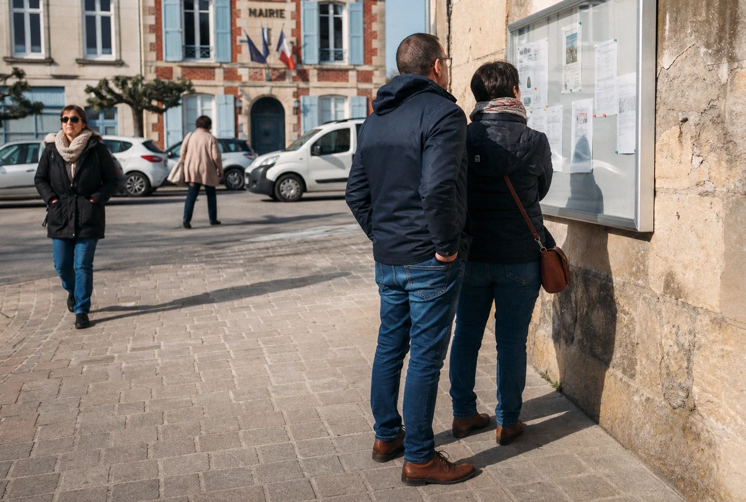 Des habitants marchent sur une place de mairie de ville moyenne, dans une scène civique calme et lumineuse.