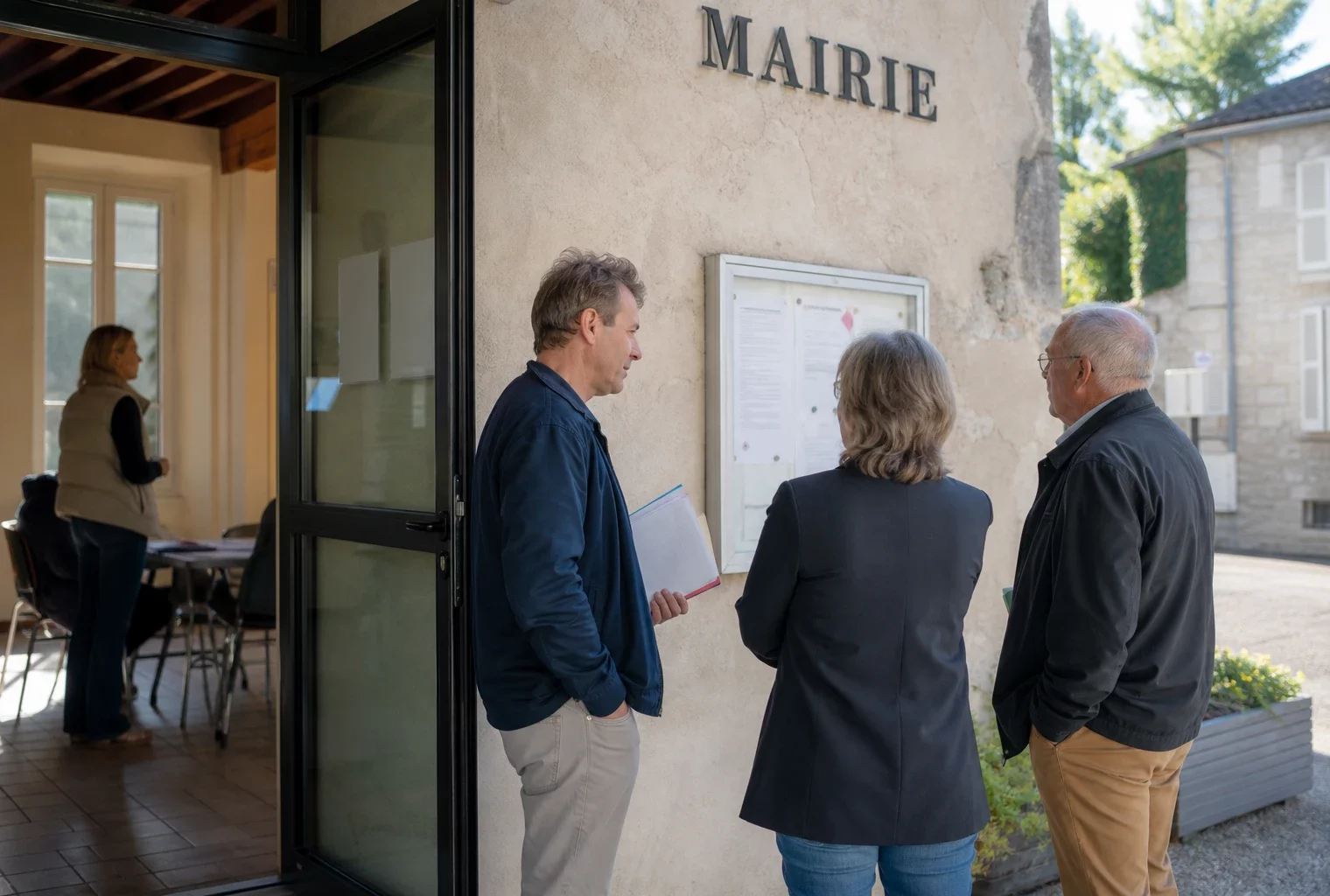 Des citoyens anonymes et un élu local près d’un hall de mairie, dans une scène de vie civique française lumineuse.