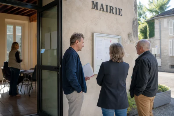 Des citoyens anonymes et un élu local près d’un hall de mairie, dans une scène de vie civique française lumineuse.