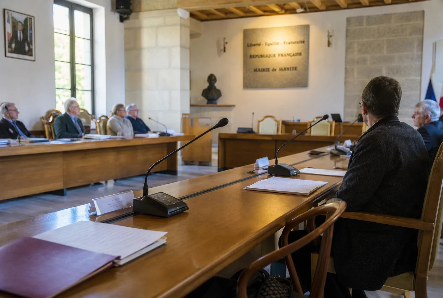 Salle municipale lumineuse avec micros, dossiers flous et chaise vide lors d’un débat politique local