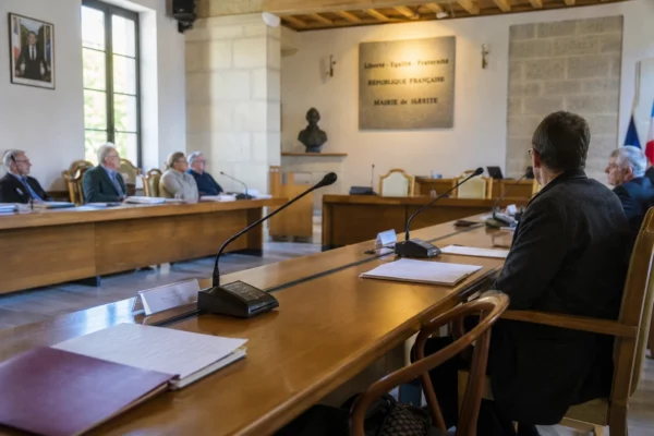 Salle municipale lumineuse avec micros, dossiers flous et chaise vide lors d’un débat politique local