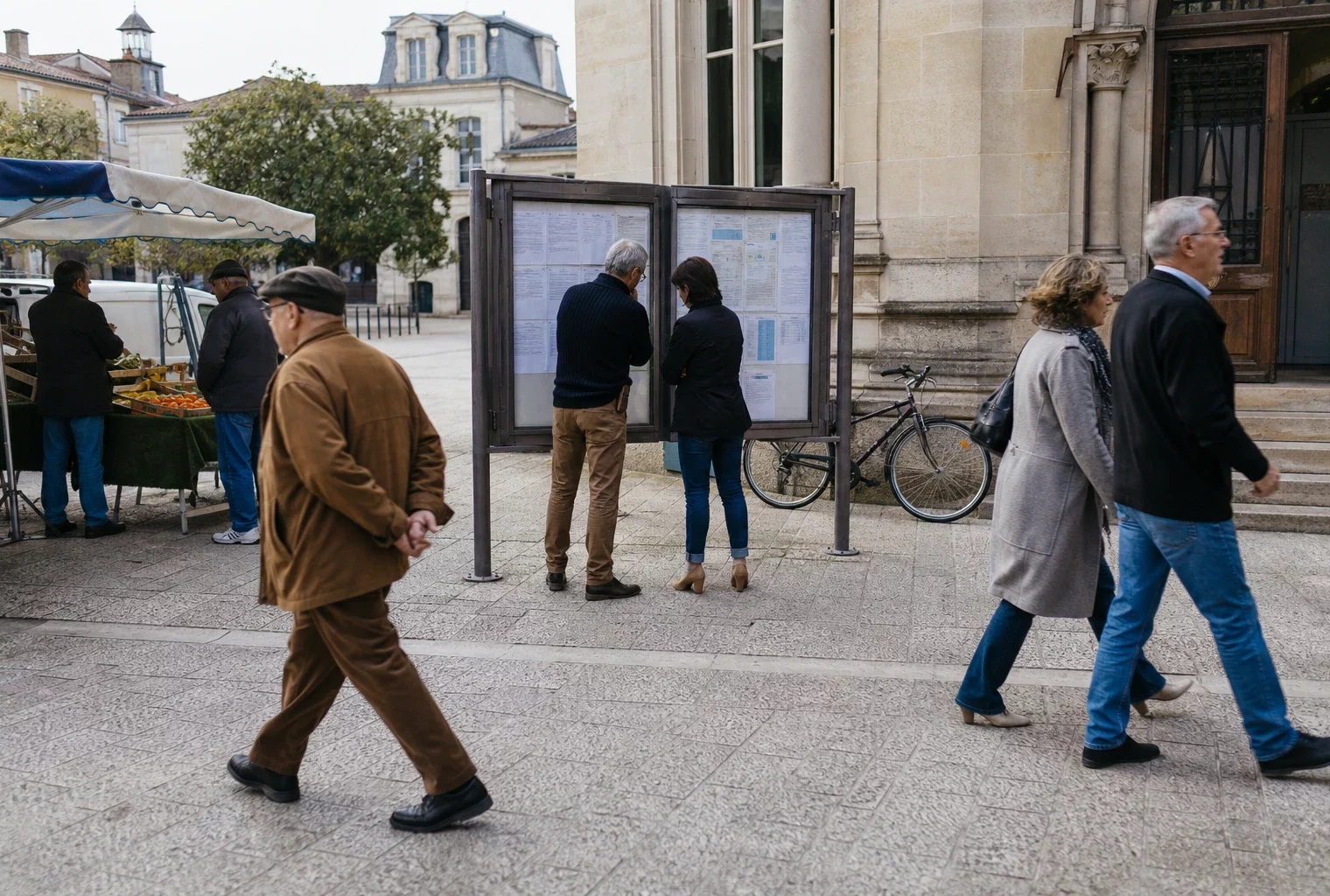 Scène de rue française devant une mairie, avec passants anonymes et ambiance locale calme
