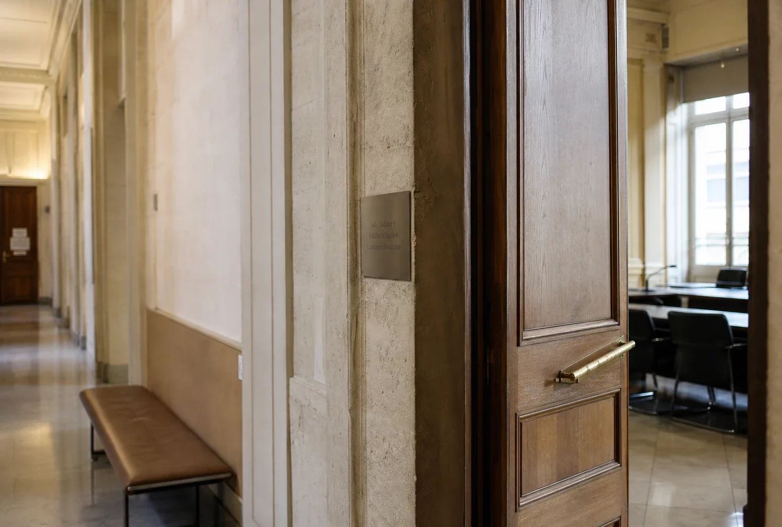 Couloir clair d’un bâtiment institutionnel français, porte sobre et salle d’audition en lumière naturelle