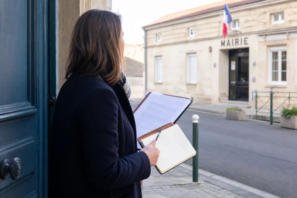 Un élu local anonyme tient un dossier devant une mairie française, dans une scène de reportage lumineuse et discrète.