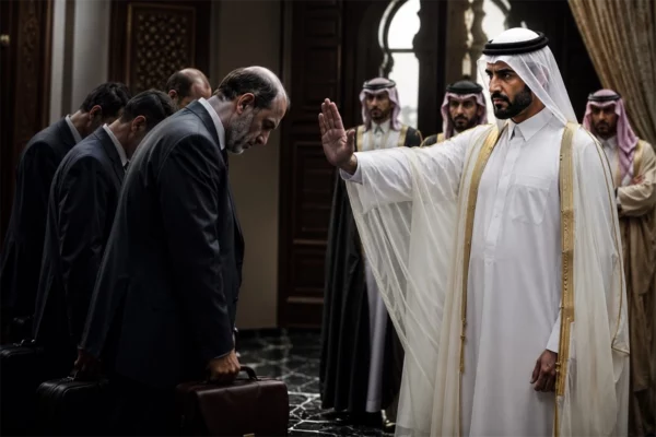 Un dignitaire du Golfe en tenue traditionnelle écarte d'un geste de la main un groupe d'hommes en costume sombre porteurs de mallettes, dans un intérieur oriental