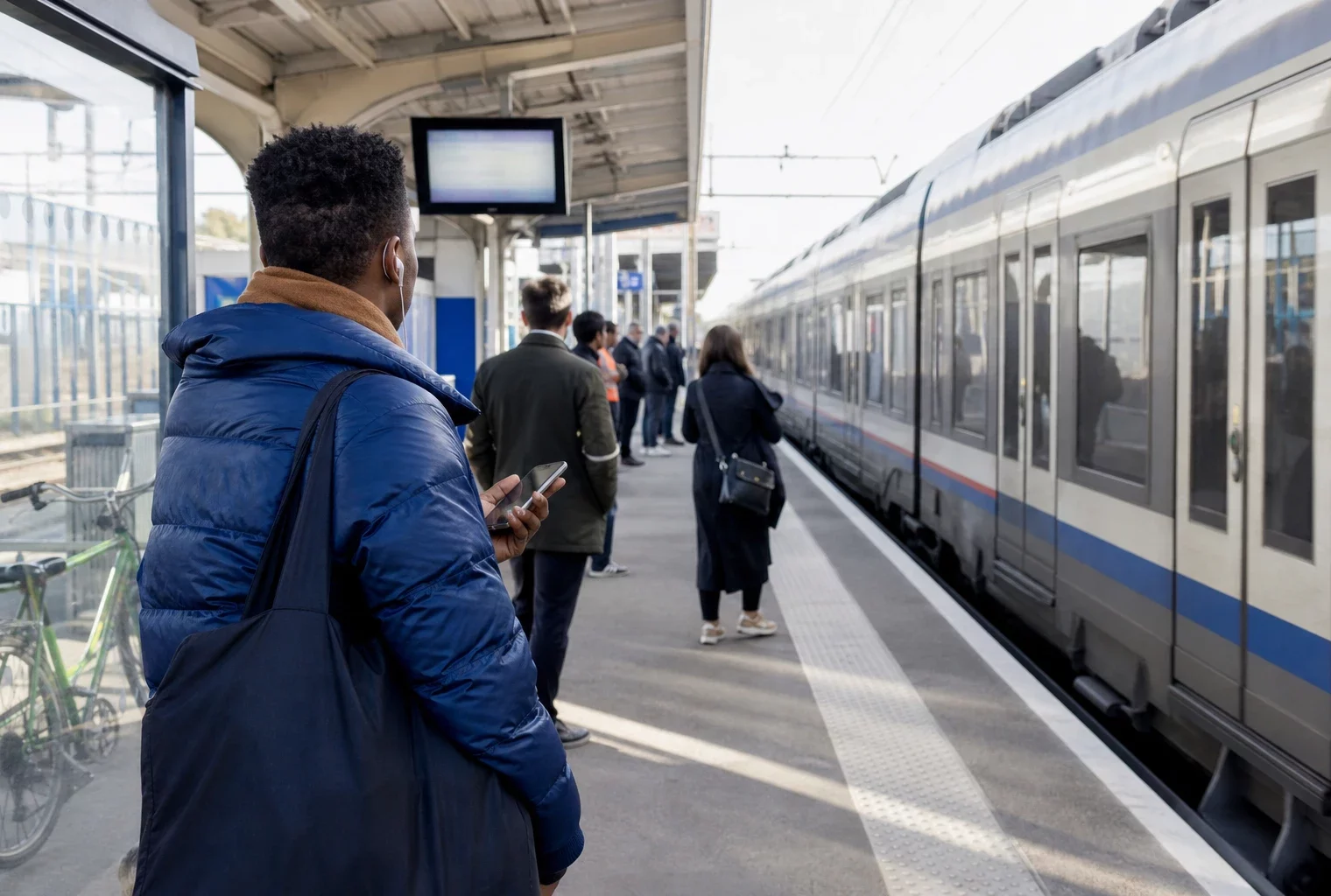 Des voyageurs attendent un train sur un quai français, avec un panneau et des écrans flous en arrière-plan.