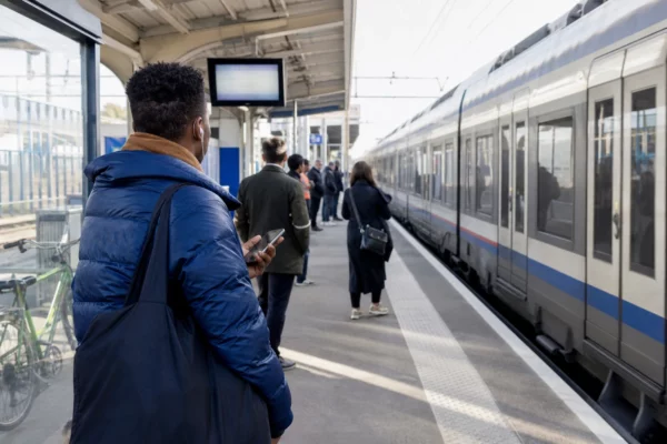 Des voyageurs attendent un train sur un quai français, avec un panneau et des écrans flous en arrière-plan.