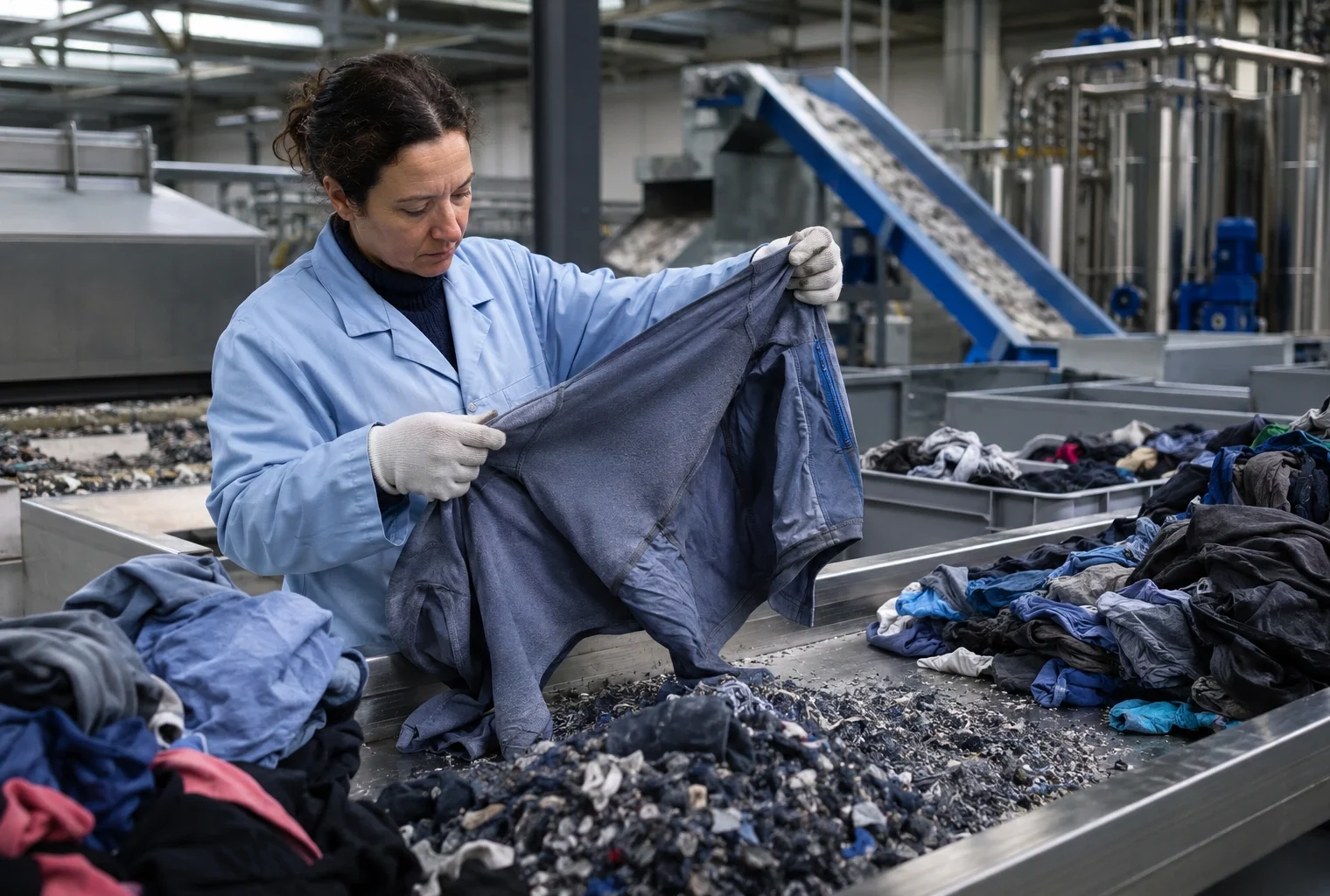 Ouvrière inspectant un vêtement en polyester dans une usine de tri et de recyclage textile.