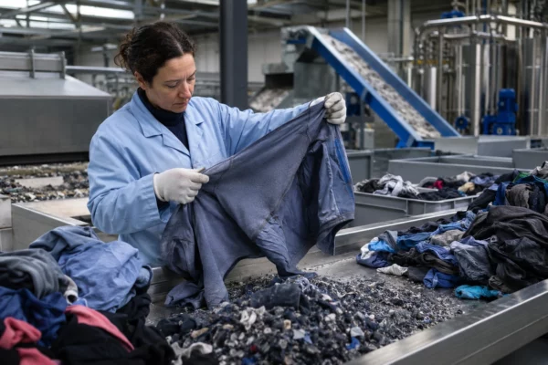 Ouvrière inspectant un vêtement en polyester dans une usine de tri et de recyclage textile.