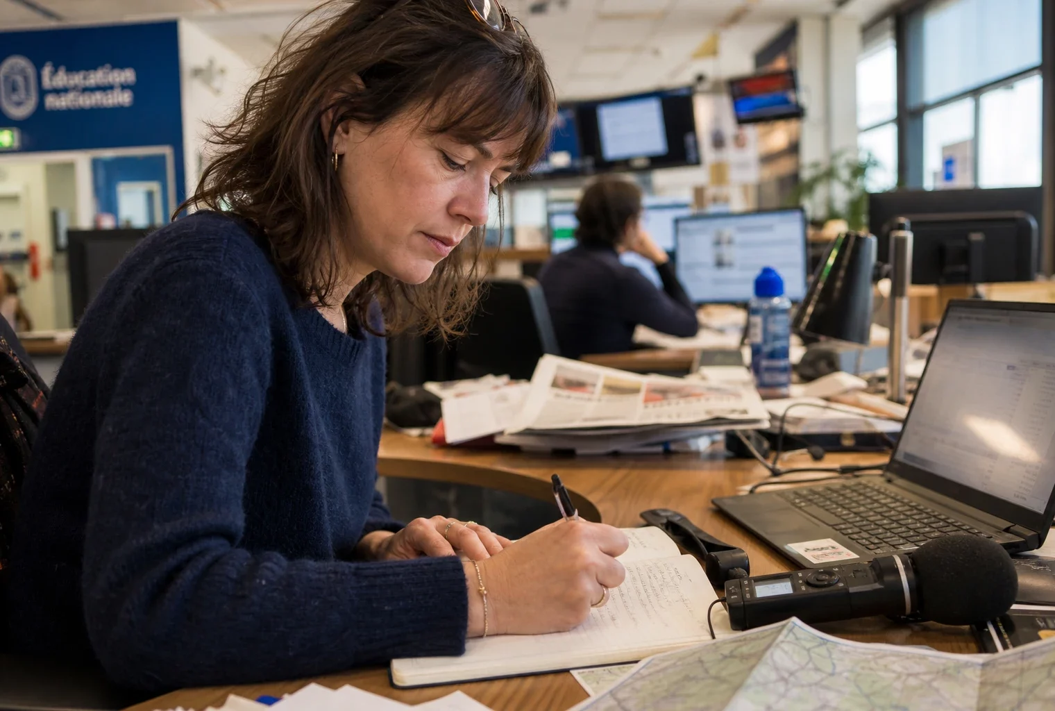 Journaliste en rédaction préparant un sujet sur l’allemand avec carnet, micro sans logo et carte papier floue.