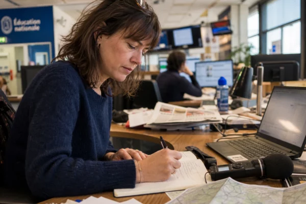 Journaliste en rédaction préparant un sujet sur l’allemand avec carnet, micro sans logo et carte papier floue.