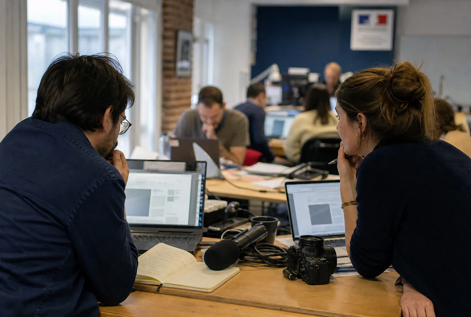 Rédaction française en préparation d’un sujet politique, avec micro, ordinateur et notes floues sur une grande table.