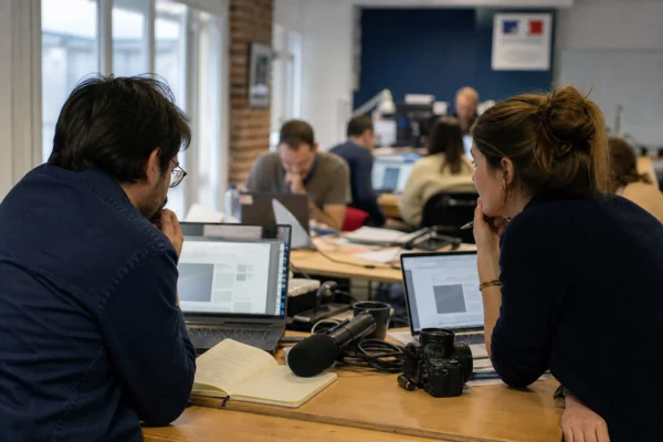 Rédaction française en préparation d’un sujet politique, avec micro, ordinateur et notes floues sur une grande table.