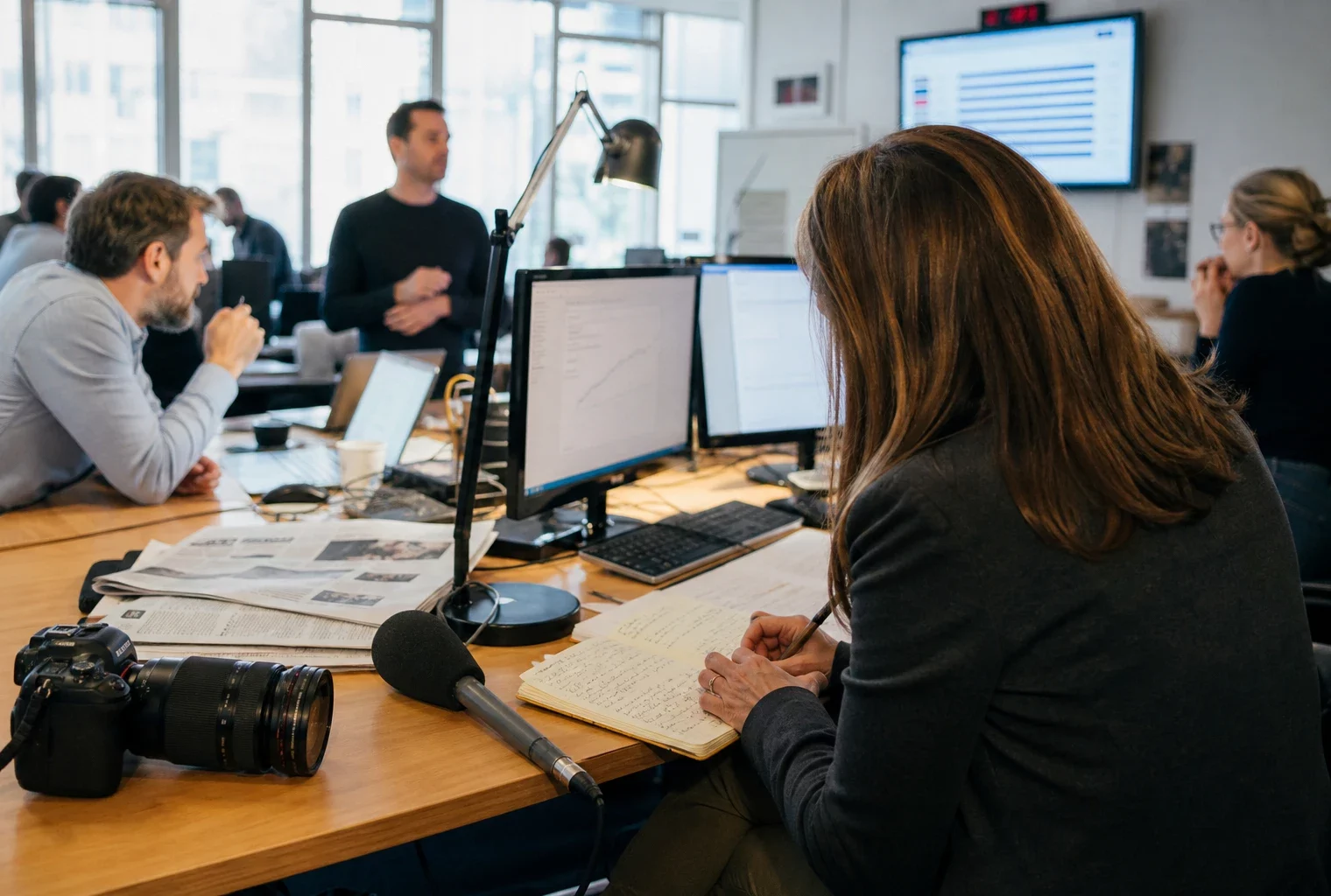Une rédaction française prépare une analyse politique avec micro, écrans flous et documents de travail.