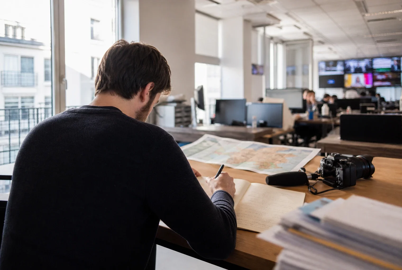 Journaliste en rédaction préparant une analyse politique, carnet ouvert, micro sans logo et écrans flous en arrière-plan.