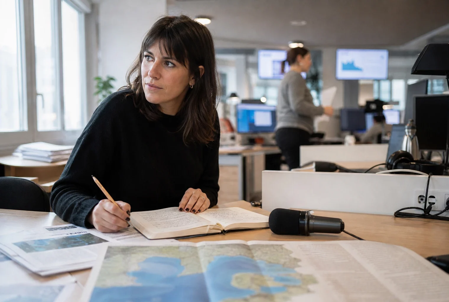 Journaliste en rédaction préparant un sujet sur la biodiversité avec carnet, micro et carte floue en arrière-plan