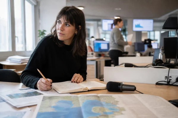 Journaliste en rédaction préparant un sujet sur la biodiversité avec carnet, micro et carte floue en arrière-plan