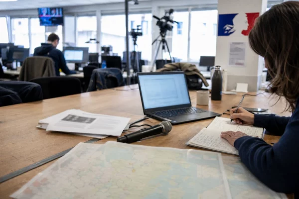Journaliste en rédaction préparant un sujet sur les Canadair, avec carnet, micro et carte floue sur une table.
