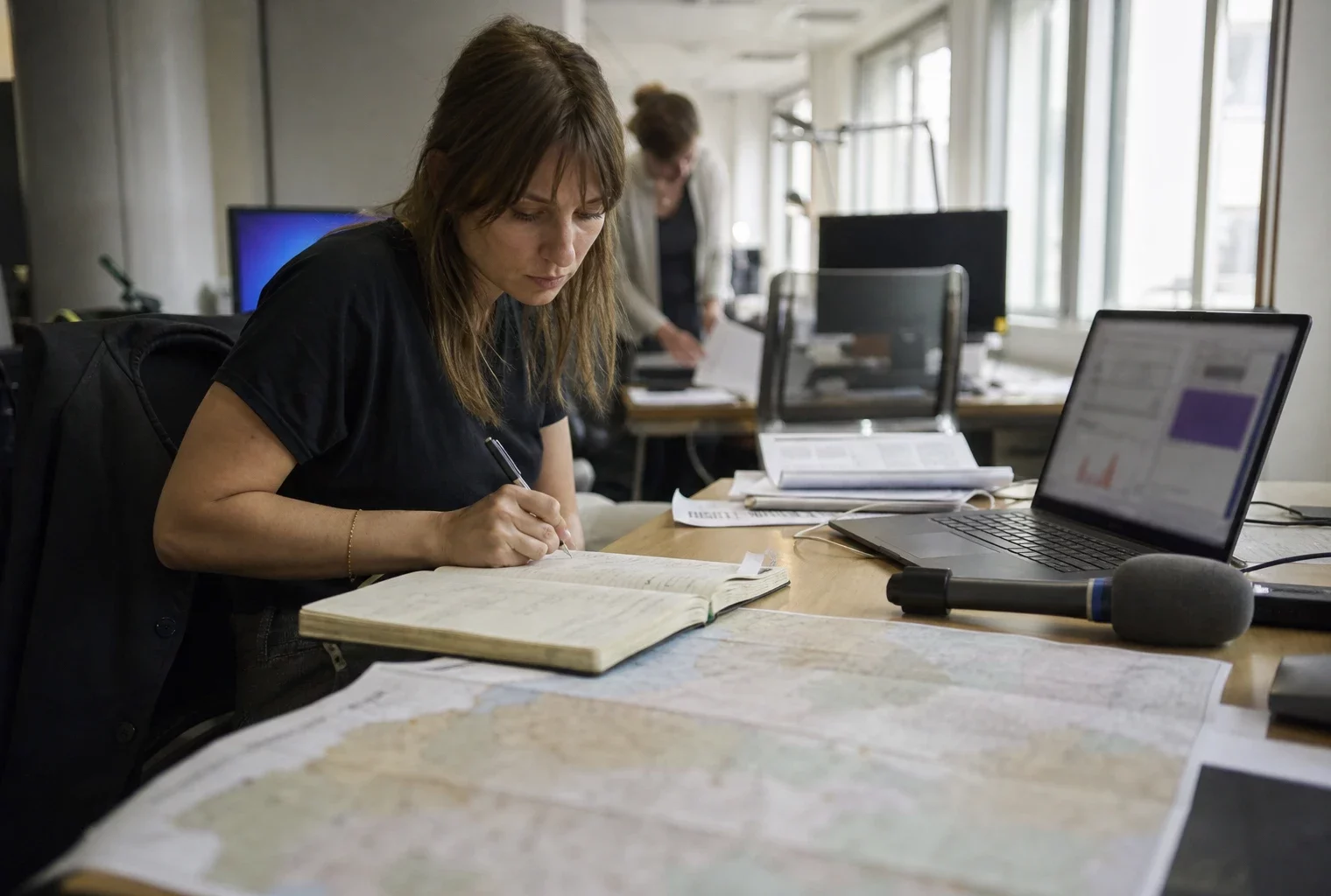 Journaliste en rédaction préparant un sujet territorial sur la canicule, avec carnet, micro et carte floue.