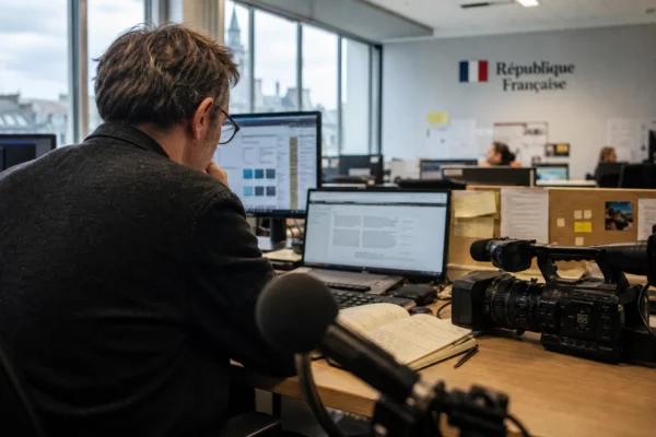 Reporter dans une rédaction française, avec micro, écrans flous et ambiance de préparation d’un décryptage judiciaire.