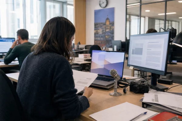 Reporter dans une rédaction parisienne, avec caméra, micro et documents flous sur un bureau lumineux.