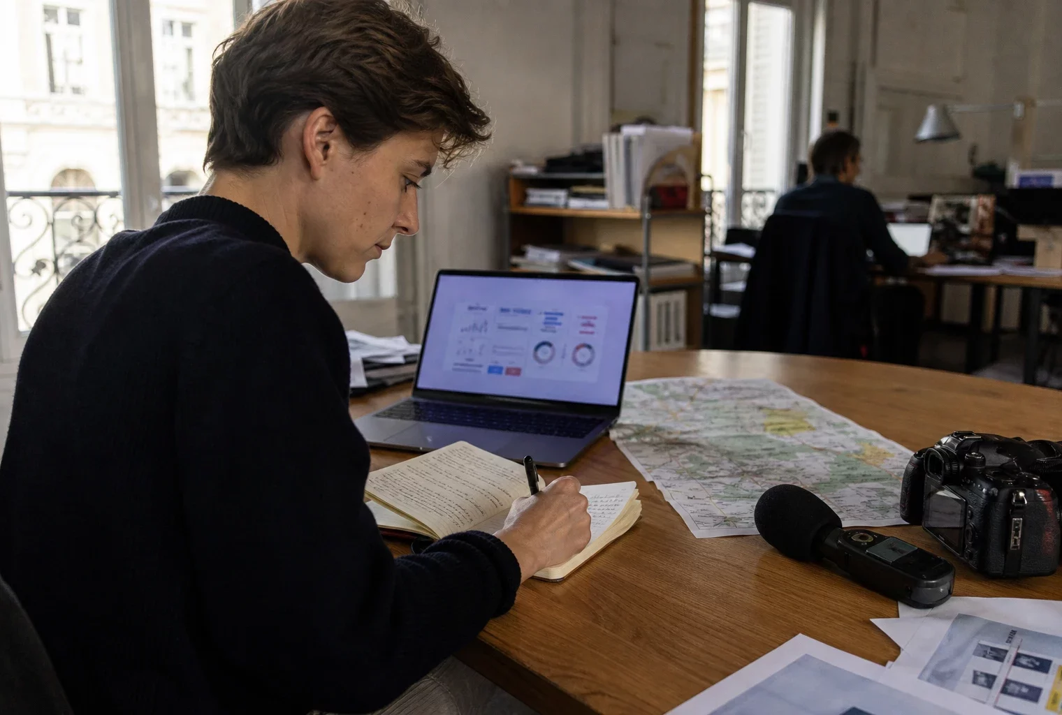 Journaliste en rédaction préparant un sujet sur les impacts du changement climatique, avec carte papier floue et micro sans logo.