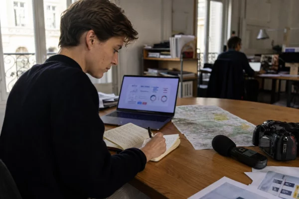 Journaliste en rédaction préparant un sujet sur les impacts du changement climatique, avec carte papier floue et micro sans logo.