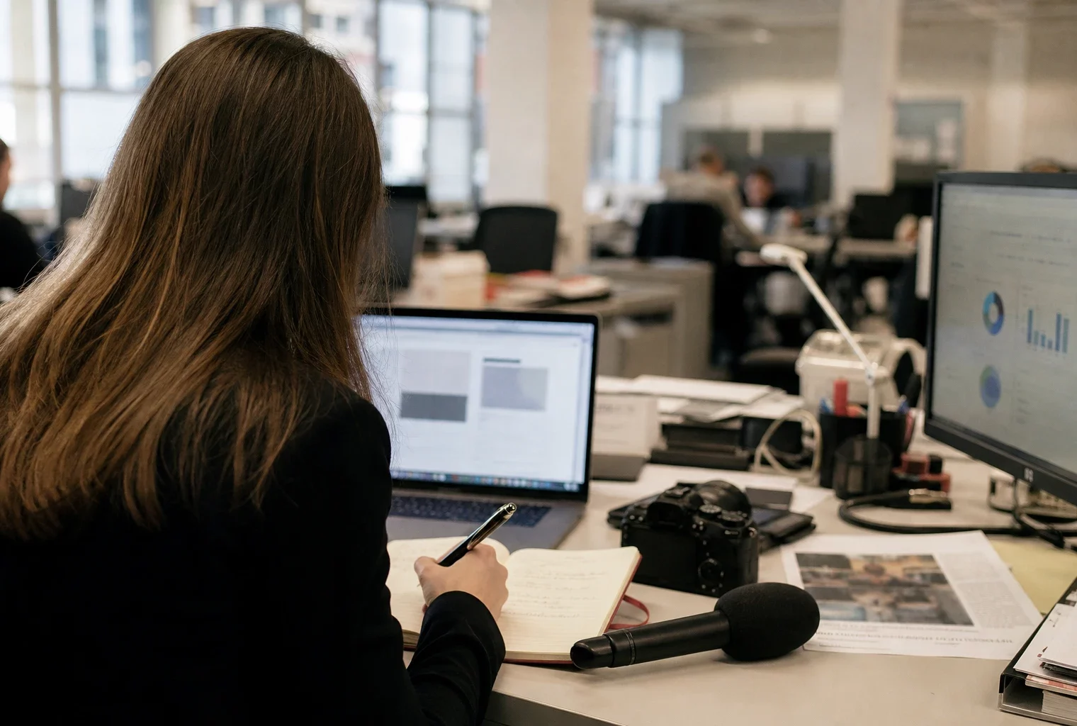 Journaliste en rédaction préparant un sujet sur le Conseil constitutionnel, avec écran abstrait, carnet et micro sans logo.
