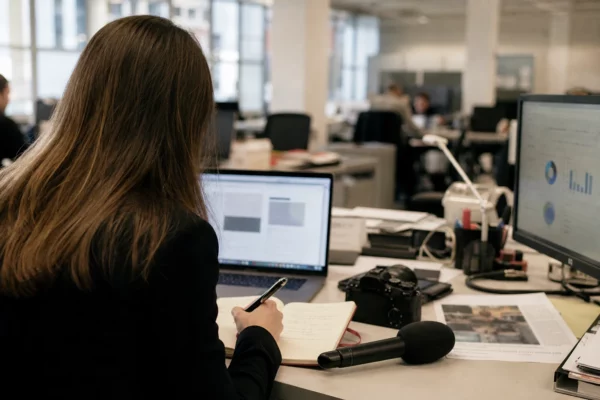 Journaliste en rédaction préparant un sujet sur le Conseil constitutionnel, avec écran abstrait, carnet et micro sans logo.
