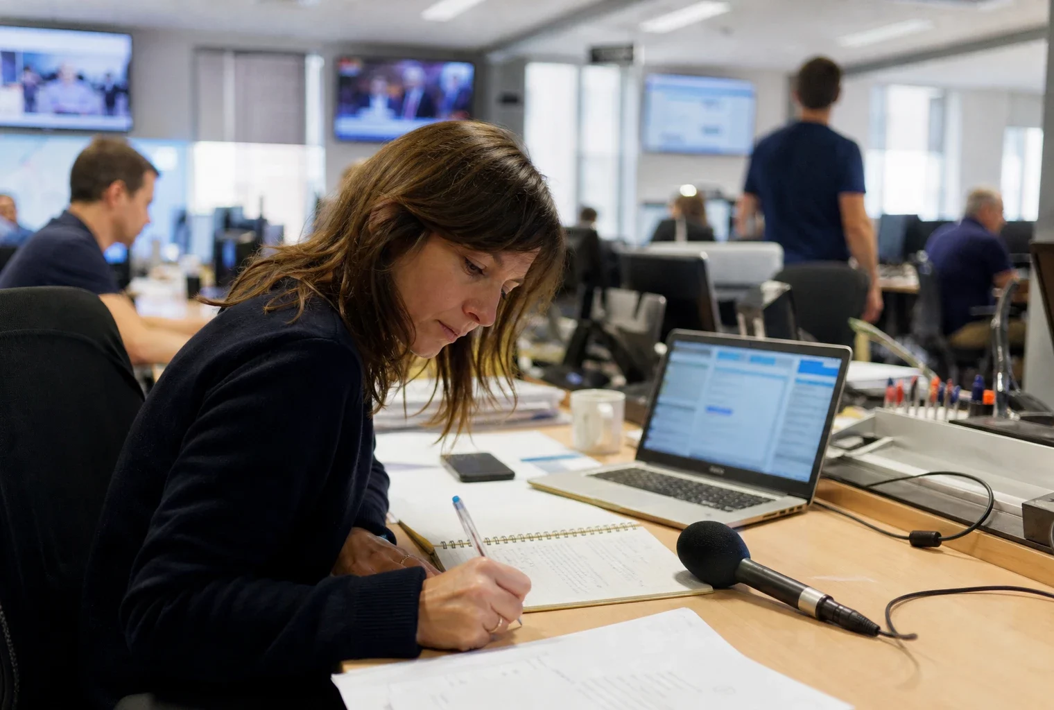 Journaliste en rédaction préparant un sujet sur le Défenseur des droits, avec micro, carnet et écrans flous.