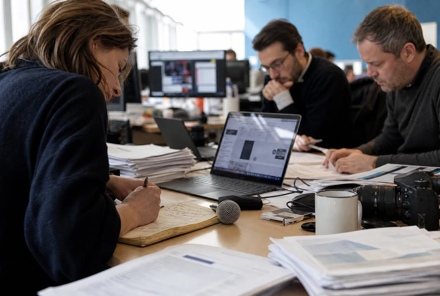 Rédaction française en activité avec micro, écrans flous et documents anonymes autour d’une enquête publique.