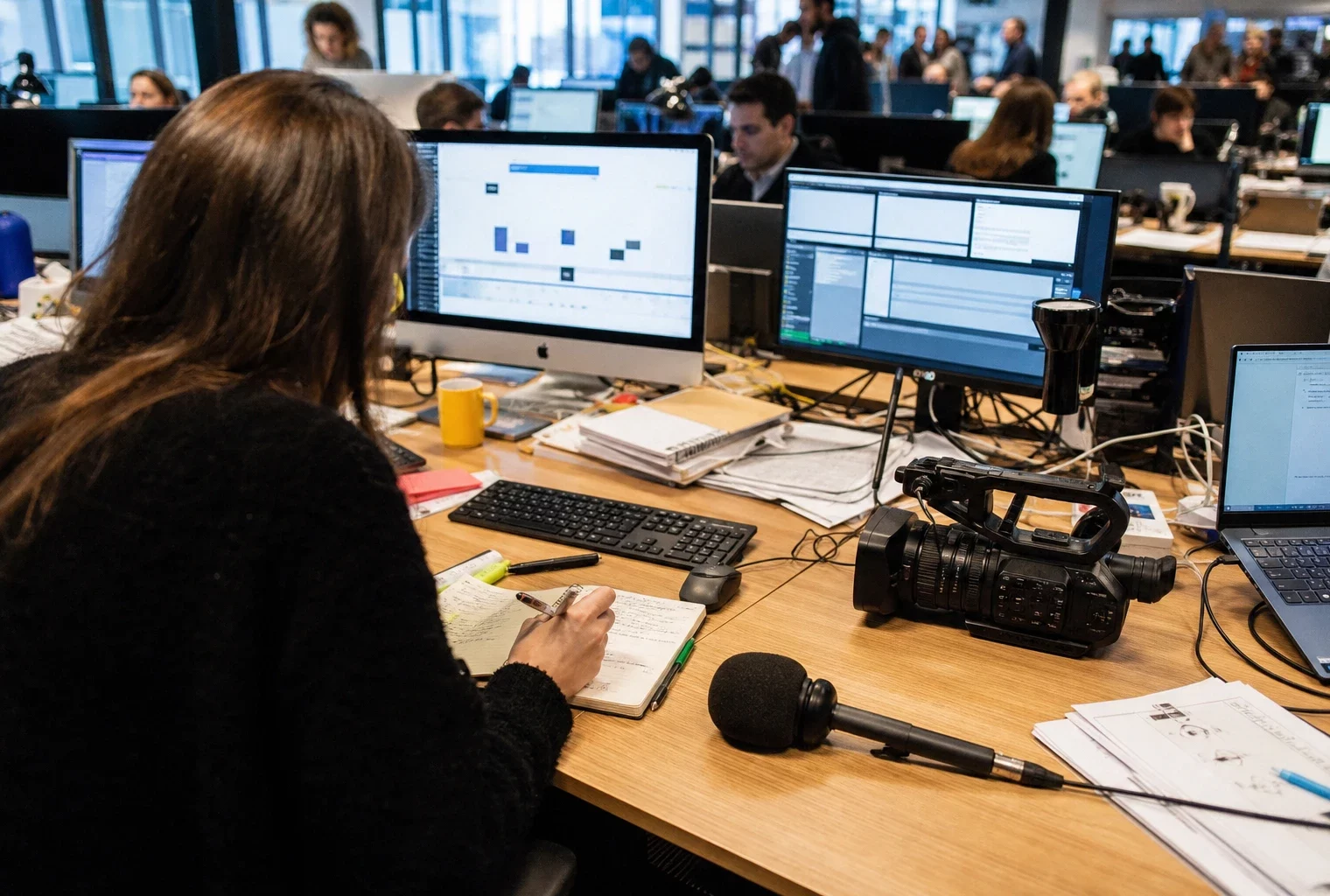 Rédaction française en plein bouclage avec journalistes, micro sans logo, écrans flous et dossiers sur une table.