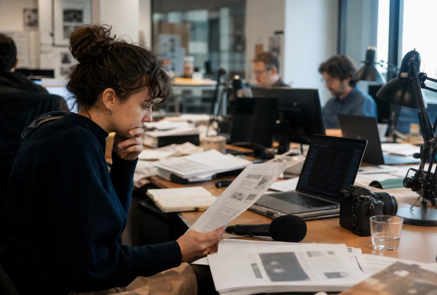 Rédaction française avec un journaliste, des documents flous et un micro, en pleine préparation d’un sujet politique.