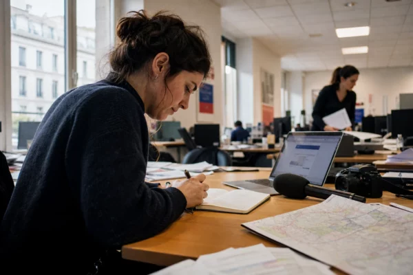 Journaliste en rédaction préparant un sujet sur un incendie de forêt, avec carnet, micro et écran flou.