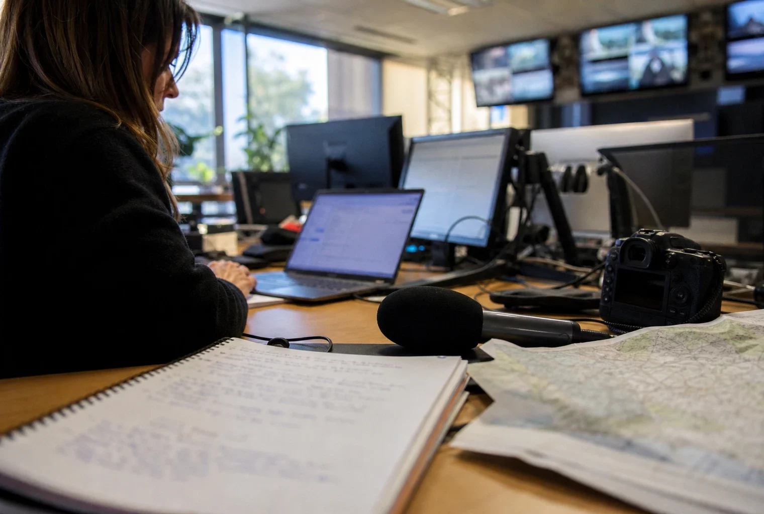 Journaliste en rédaction préparant un sujet sur les incendies avec carnet, micro sans logo et carte floue du sud de la France