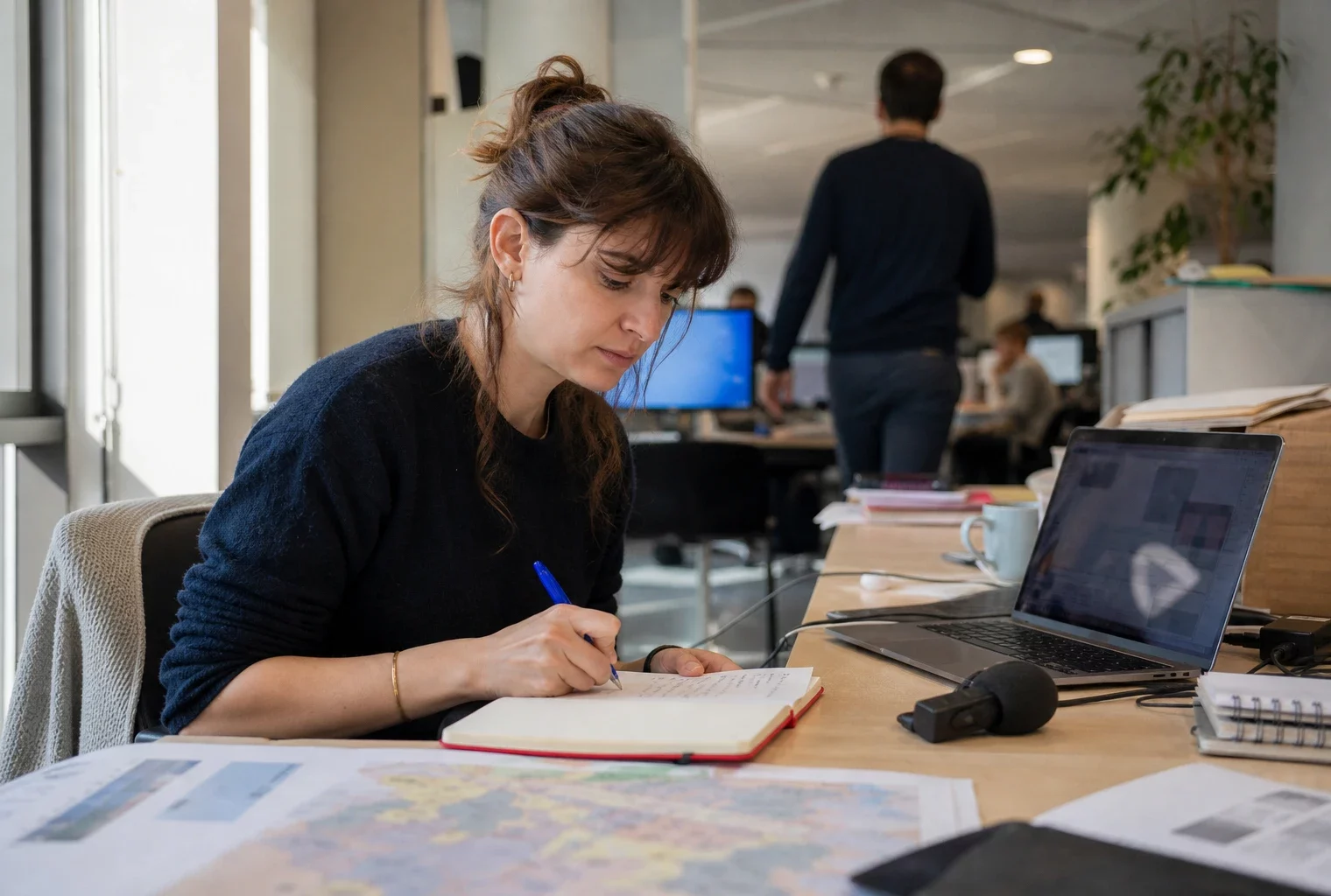 Journaliste en rédaction préparant un sujet territorial sur les feux de forêt, avec carnet, micro et écran flou.