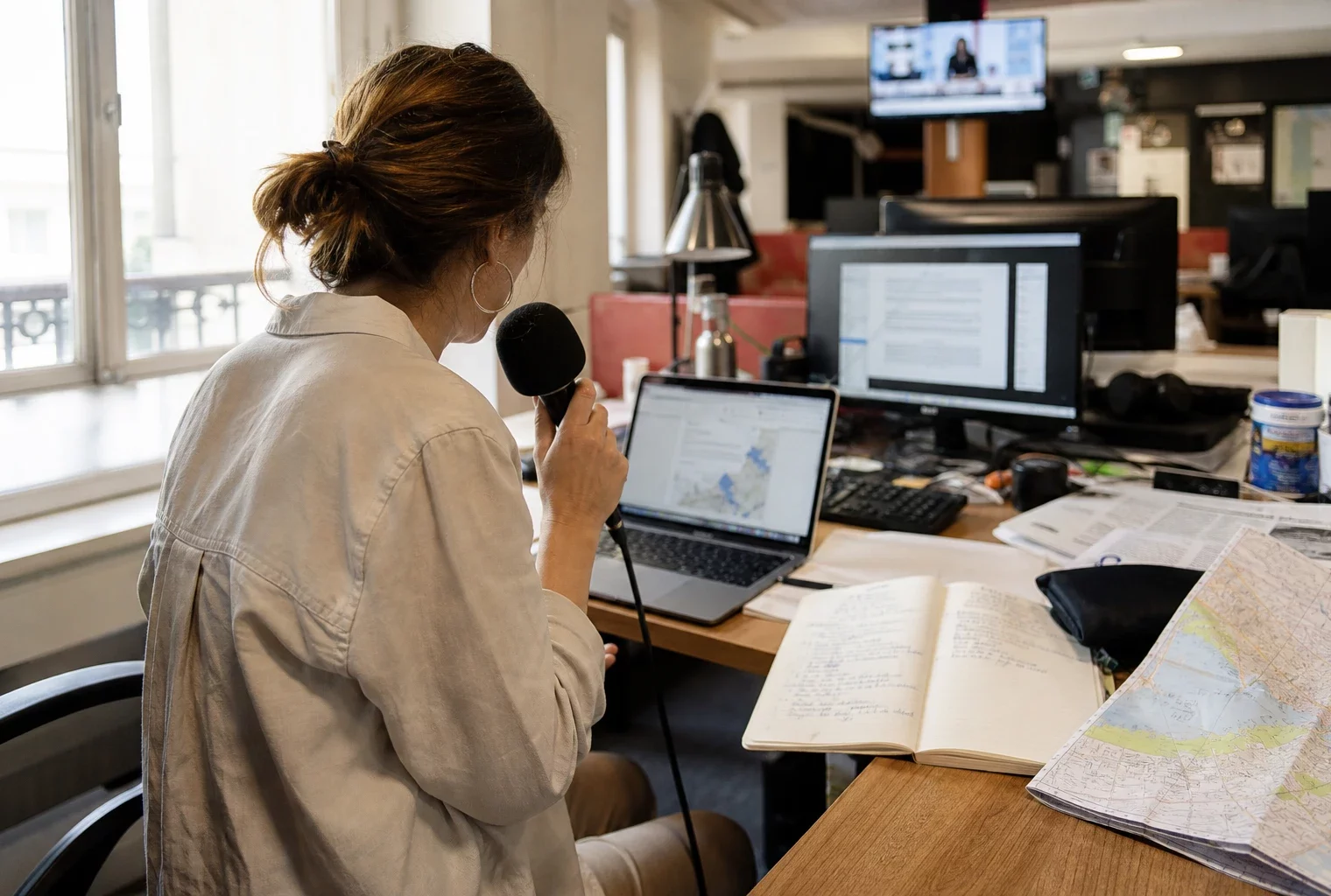 Journaliste en rédaction préparant un sujet sur les feux de forêt, avec micro, carnet et écran floutés.