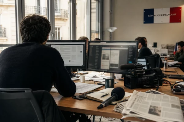 Dans une rédaction française, un journaliste et du matériel de presse préparent un article politique sur écran flou.